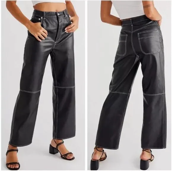 Free People The It Factor Black Vegan Leather Pants Size 4 - Picture 3 of 13